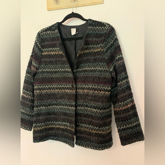 First Option Multicolor Zigzag Knit Sz L Long Sleeve Jacket Cardigan USA 91A261 - Picture 2 of 12